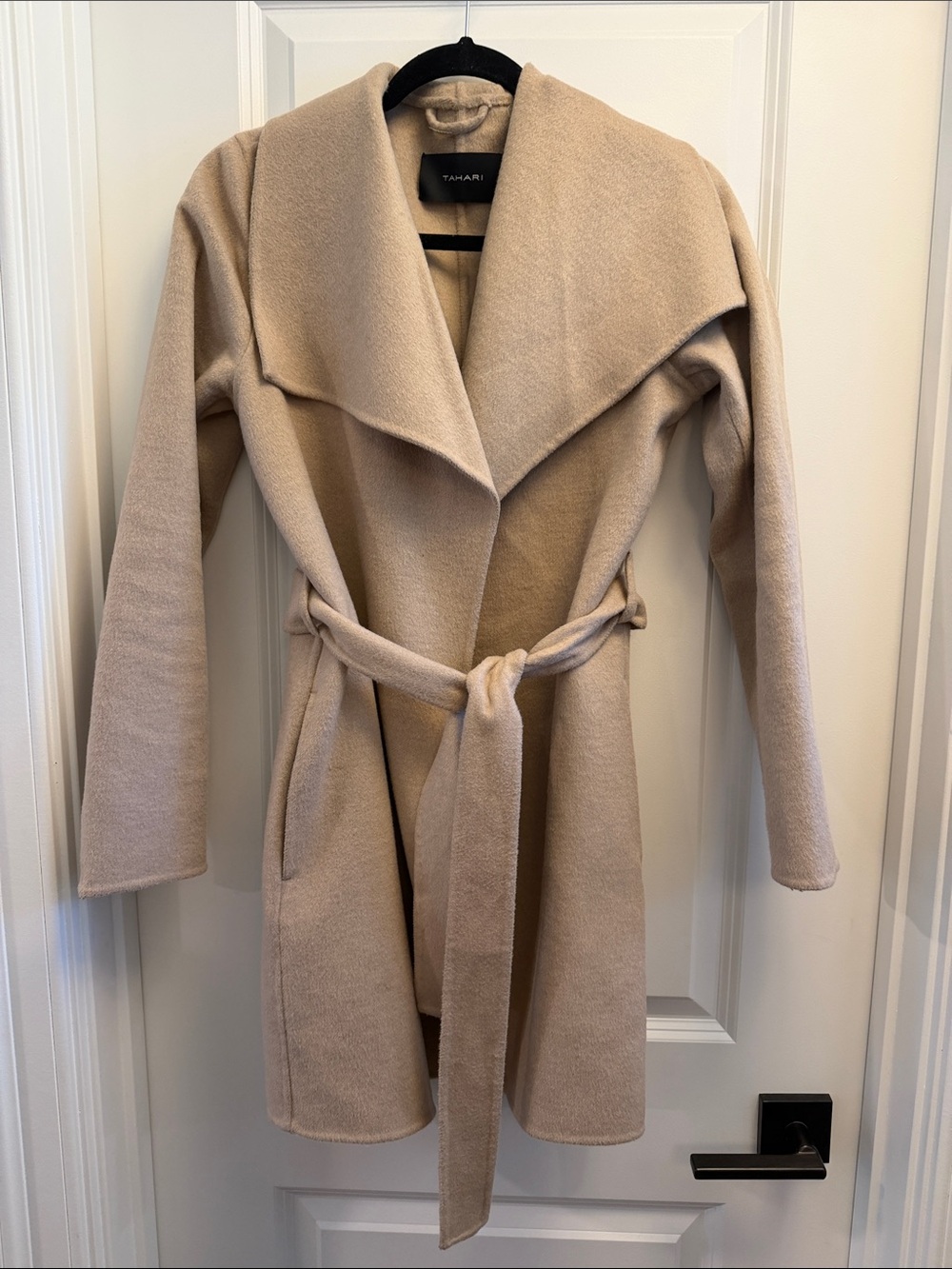 Tahari Neutral Beige Tie-Waist Wrap Coat